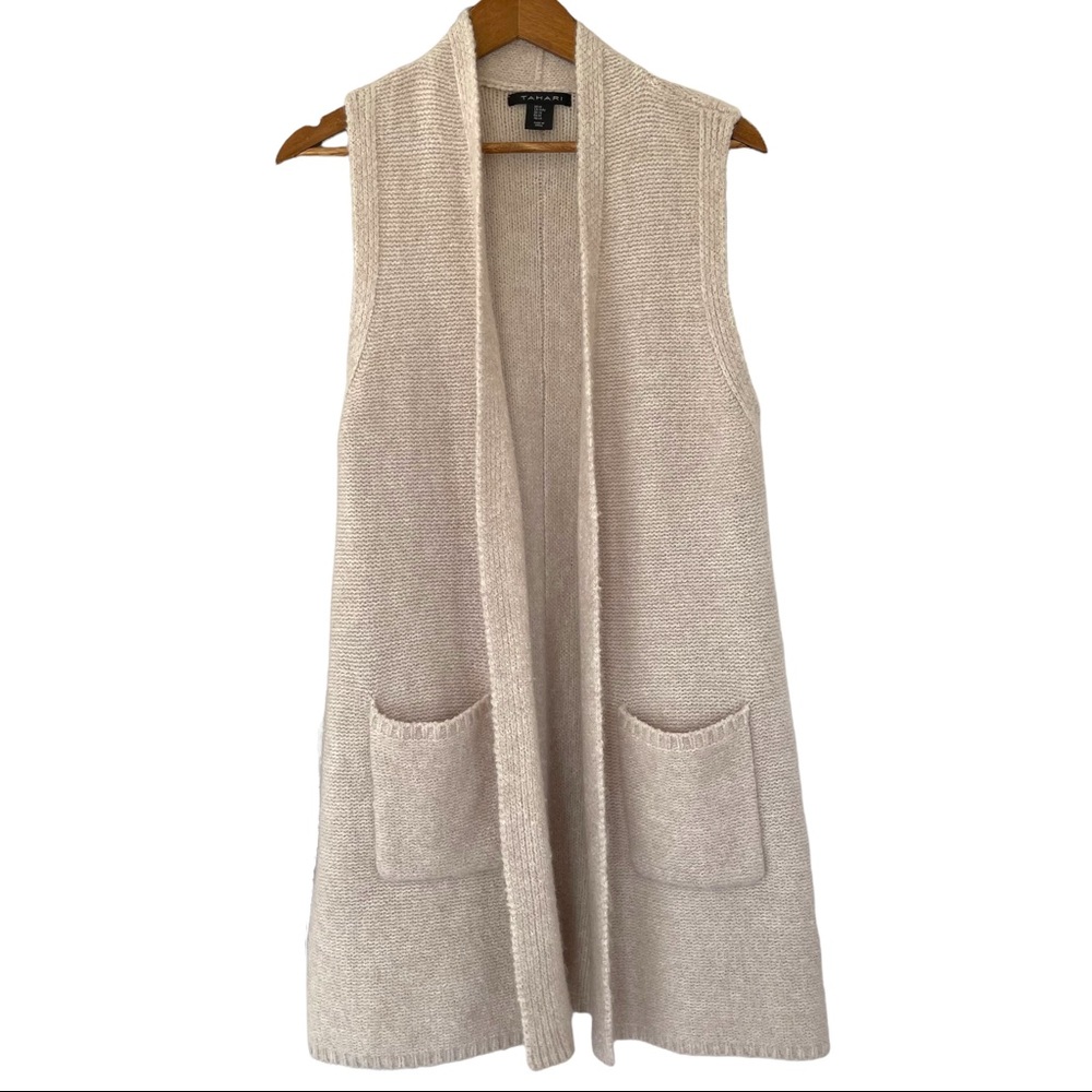 Tahari Knit Sweater Vest Open Front Sleeveless Neutral Beige Long Women’s Size M